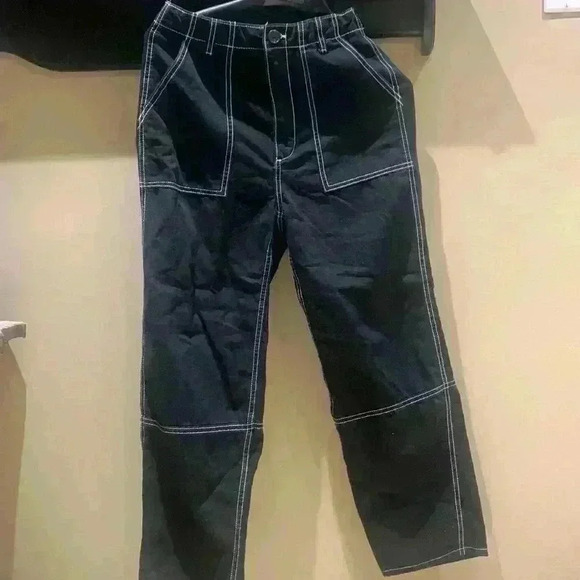 Divided Black Women's Cargo Pants White Stitching - Picture 2 of 7